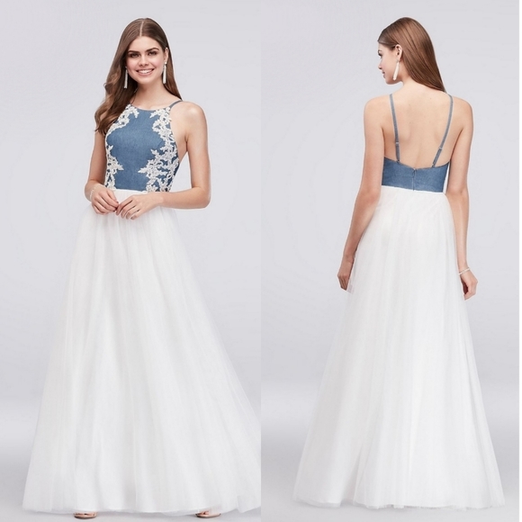 David's Bridal Denim Ivy Formal Gown Size 9 - Picture 1 of 7